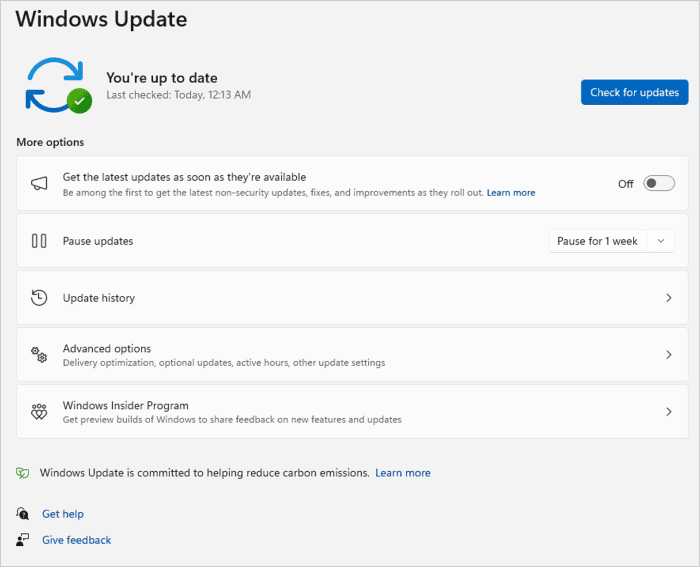 Windows Updates panel