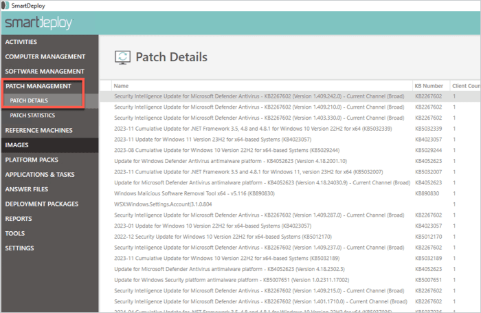 Patch management view in SmartDeploy